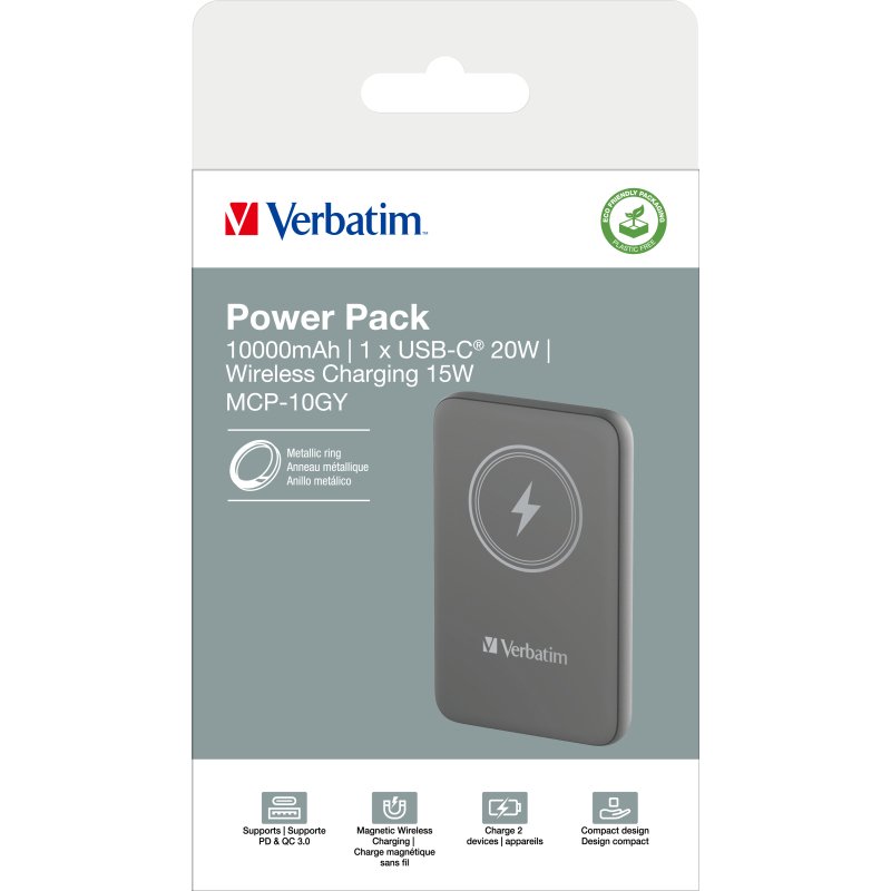Verbatim Charge 'n' Go Lithium Polymère (LiPo) 10000 mAh Recharge sans fil Gris