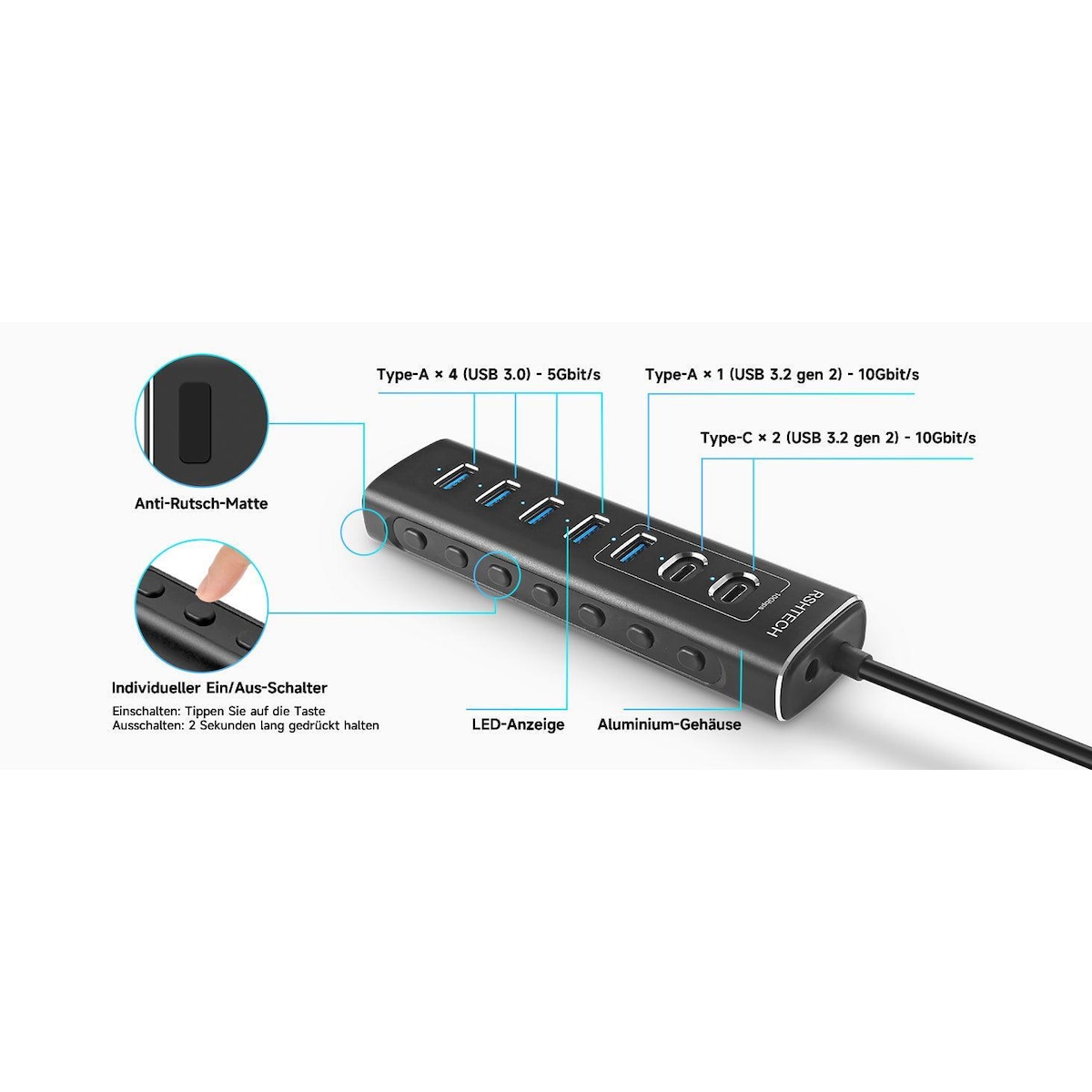 NÖRDIC GEN 3.2 USB-C og USB-A drevet Hubb 7-porter 3x10Gbps 4x5Gbps 1m kabel