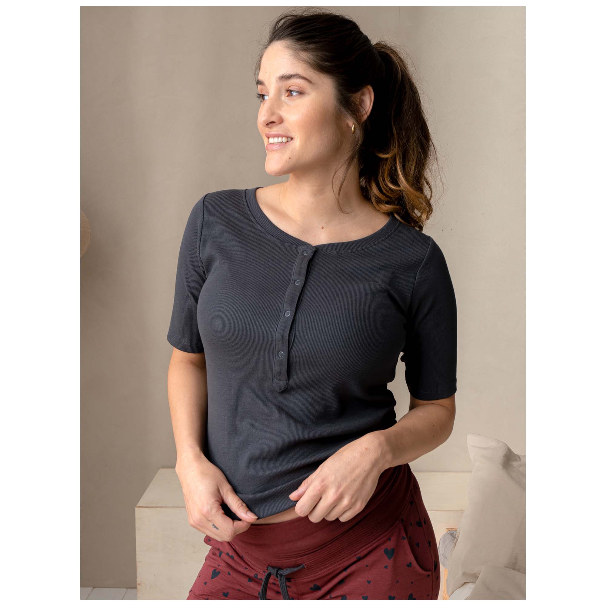 Prénatal zwangerschapspyjama T-shirt lange mouwen effen grijs