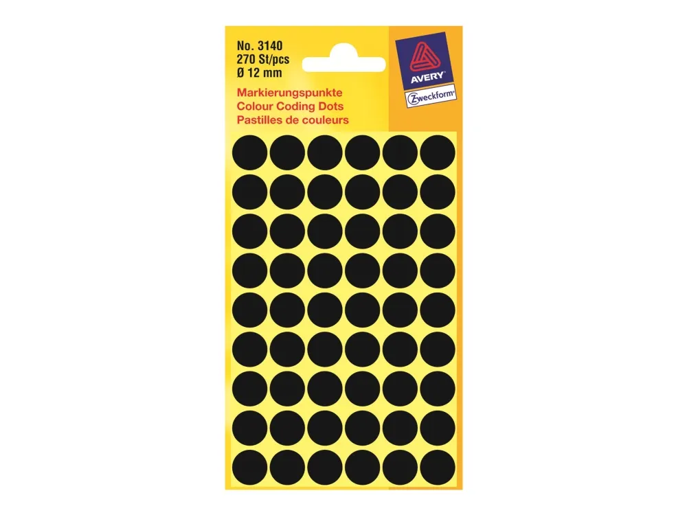Etiket Avery Zweckform sort Ø12 mm - (5 ark x 54 stk.)