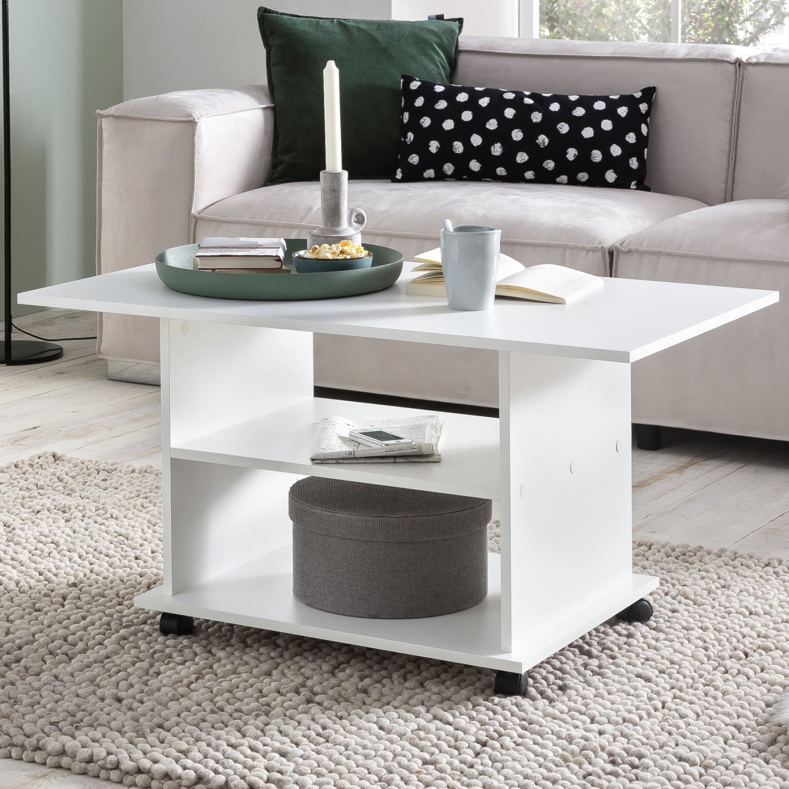 Couchtisch - weiß - rollbar - 95 cm