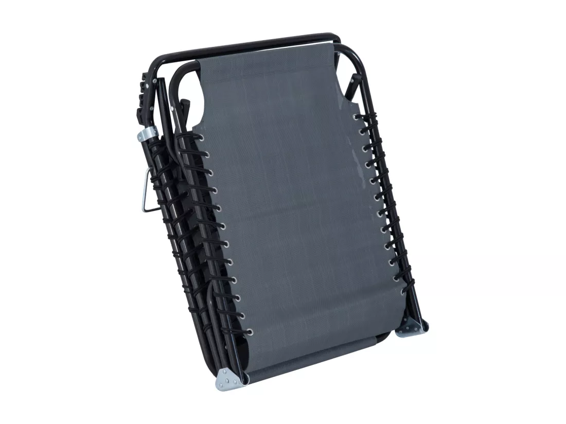 Bain de soleil transat pliable dossier inclinable multi-positions acier thermoplastique lacets élastiques noir textilène gris