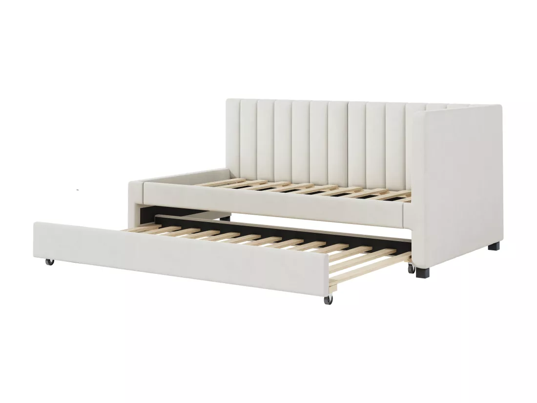 Lit simple 90x200 cm avec un lit gigogne - rembourré en velours avec sommier à lattes - Beige