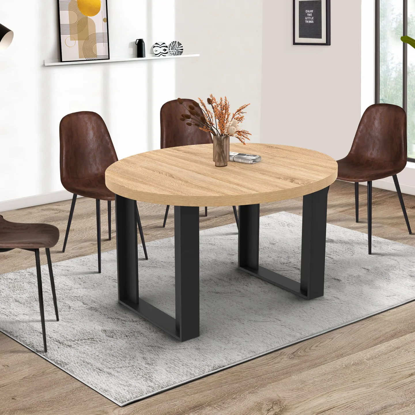 Table à manger extensible ronde PHOENIX 4-6 personnes bois et noir 110-150 cm