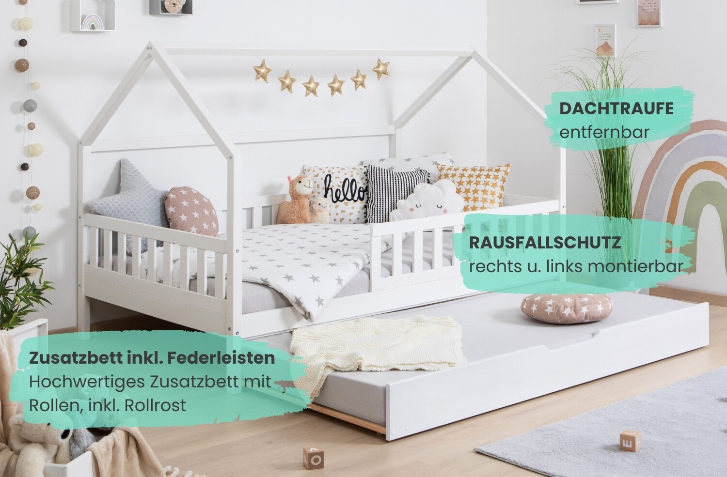 TiCAA 2 in 1 Hausbett Bodenbett wandelbar mit abnehmbaren Dach Duo 90x200, 100x200 cm, 120x200 cm, 140x200 Weiß für Jungen & Mädchen mit Zusatzbett, Rausfallschutz & Rolllattenrost – aus Kiefer Massivholz