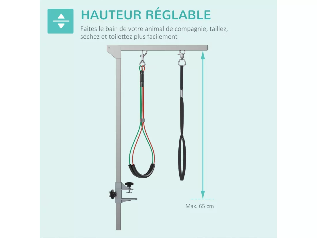 Bras de toilettage pliable animaux - hauteur réglable max. 74 cm - 3 colliers de serrage - chien taille moyenne - alu. acier inox.