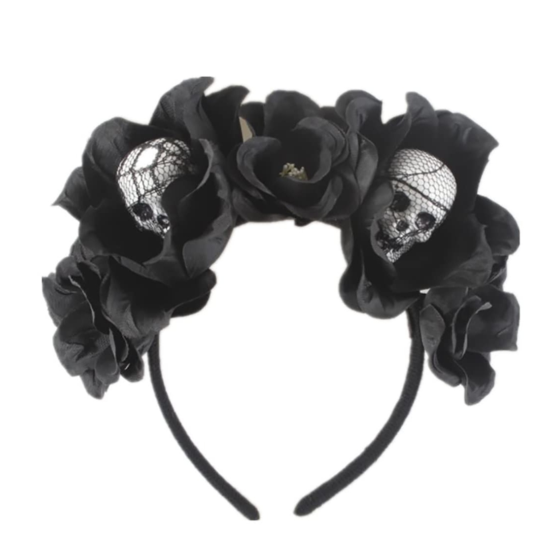 Dia de los Muertos Totenkopf Haarreif mit Blumen Fasnachts Kostüm Zubehör Motto Party Accessoire Halloween Foto Requisite - Schwarz