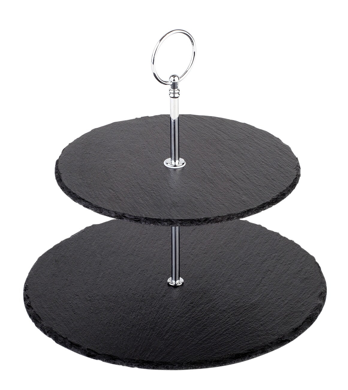 2-stufige Etagère aus Naturschiefer und verchromtem Metall, Ø 25 /20 cm, H: 24 cm