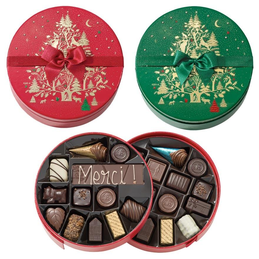 Boite ronde sapin merveilleux - 26 chocolats et sa barre lait ou noir