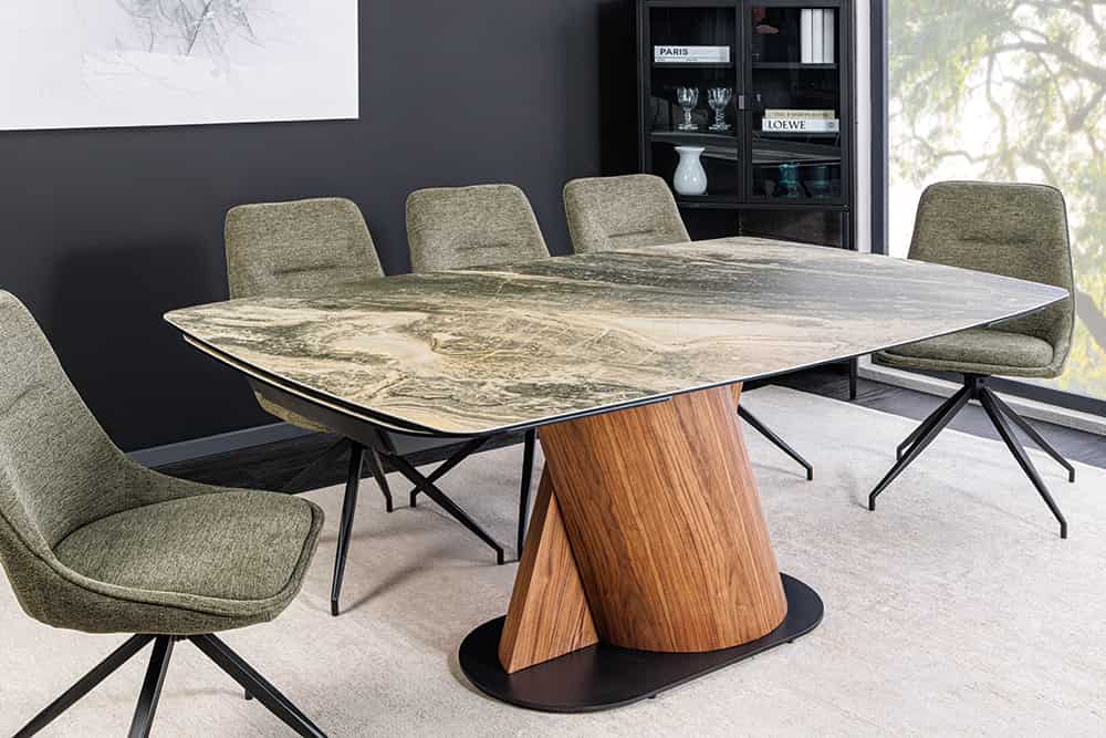 Ausziehbarer Esstisch ELEMENTS 180-260cm taupe beige spanischer Keramik Walnuss Gestell