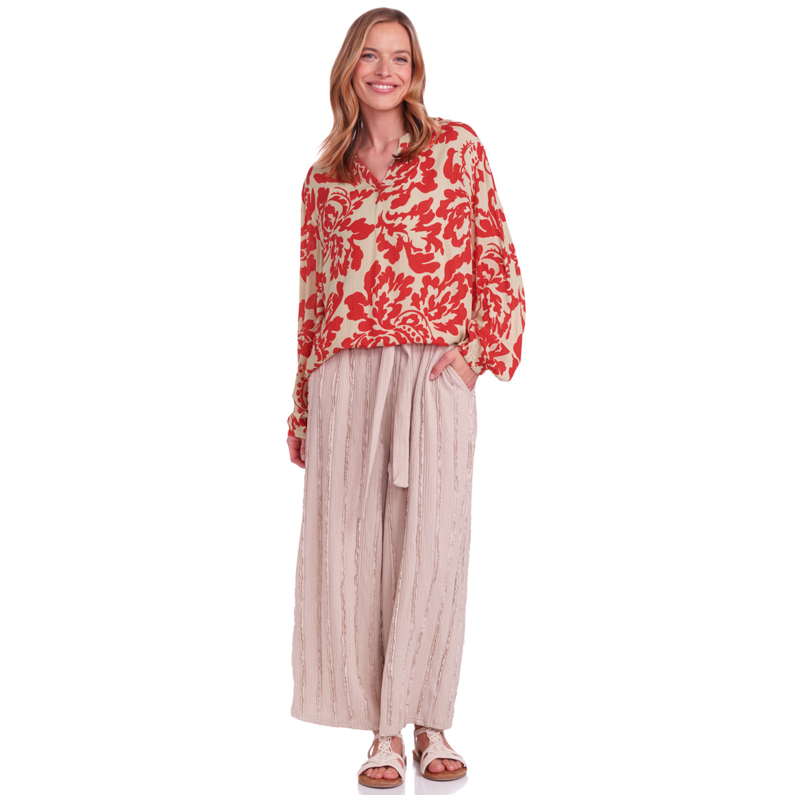 Gina Benotti Damen Bluse mit Ballonärmeln rot / cremeweiss