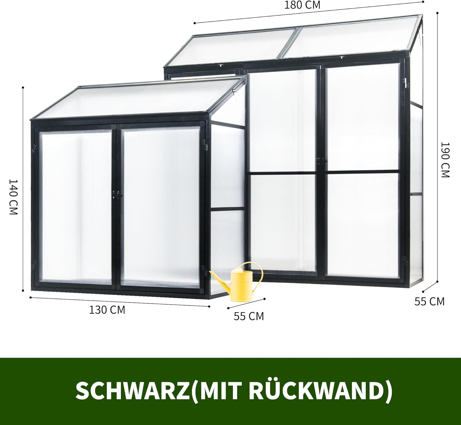 Anlehngewächshaus Tomaten Gewächshaus 180x55x190cm Aluminium Beistell-Gewächshaus, Treibhaus Gartenhaus Frühbeet mit Rückwand, Gewächshaus Winterfest Klein, Minigewächshaus, Schwarz