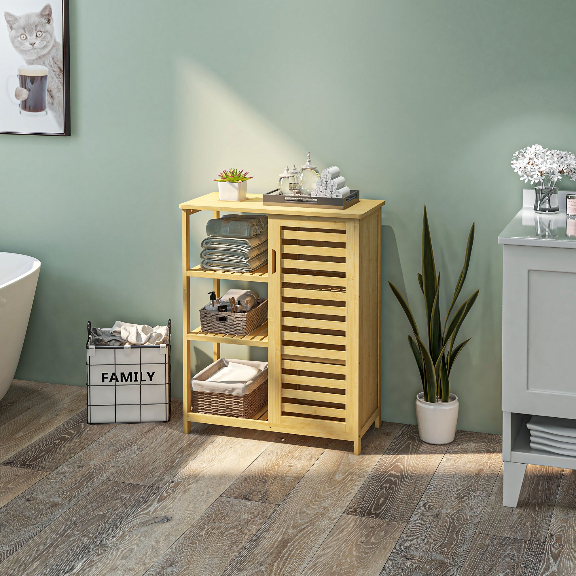 kleankin Badezimmerschrank mit offenem Regal und Kippschutz natur 66L x 33B x 87H cm