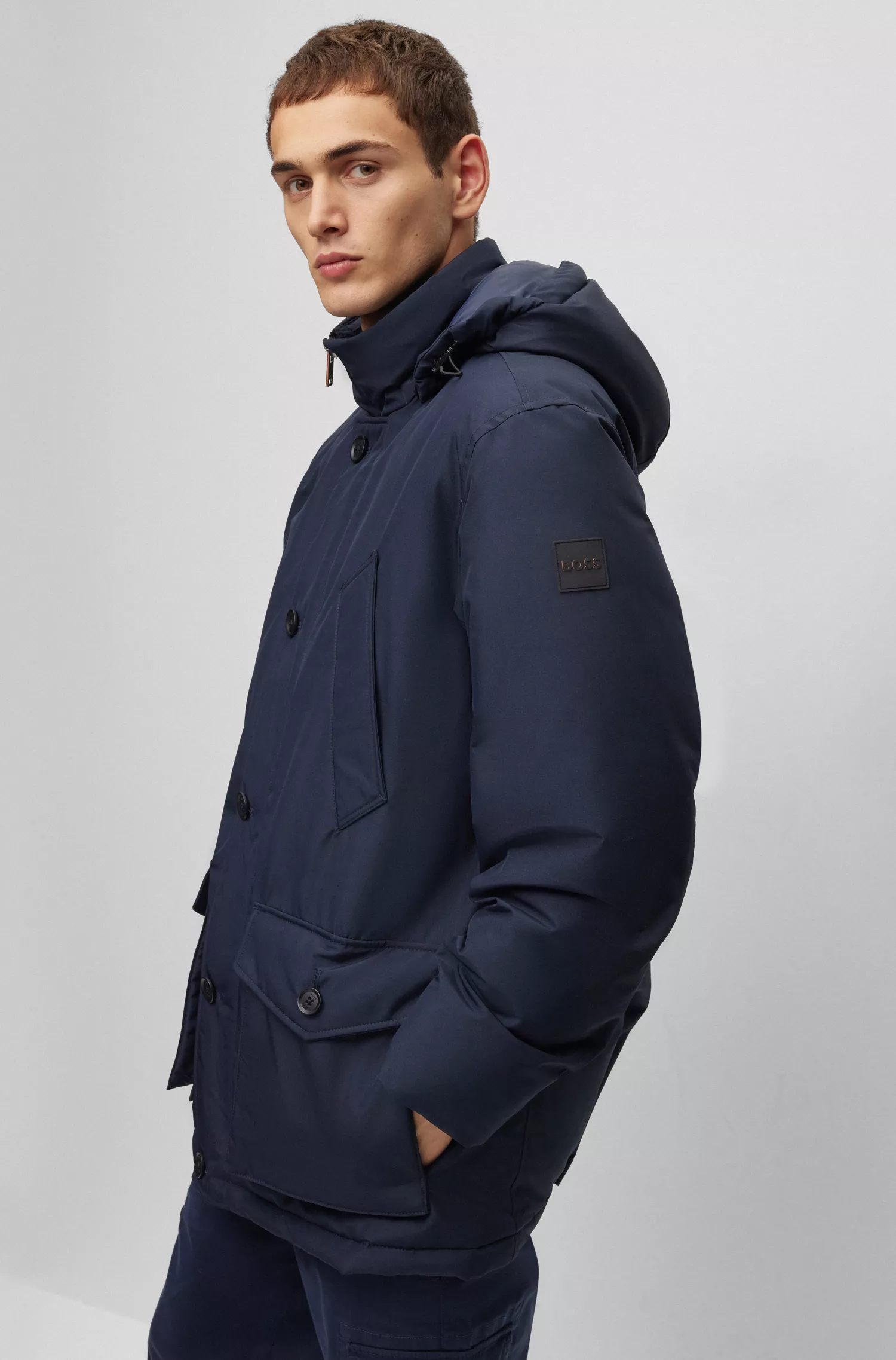 Parka BOSS laranja, modelagem relaxada, em tecido otomano repelente à água.