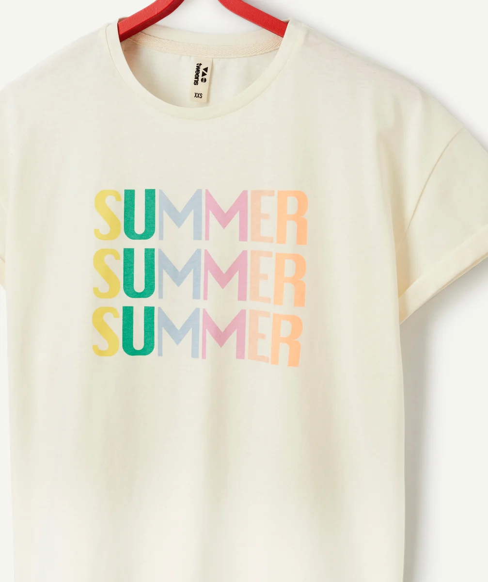t-shirt fille en coton bio écru avec messages summer colorés
