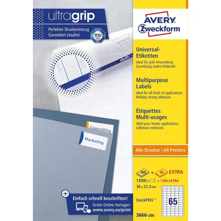 Avery Zweckform 3666-200 Universal-Etiketten,A4 mit ultragrip,38 x 21,2 mm, 220 Bogen/14.300 Etiketten, weiß