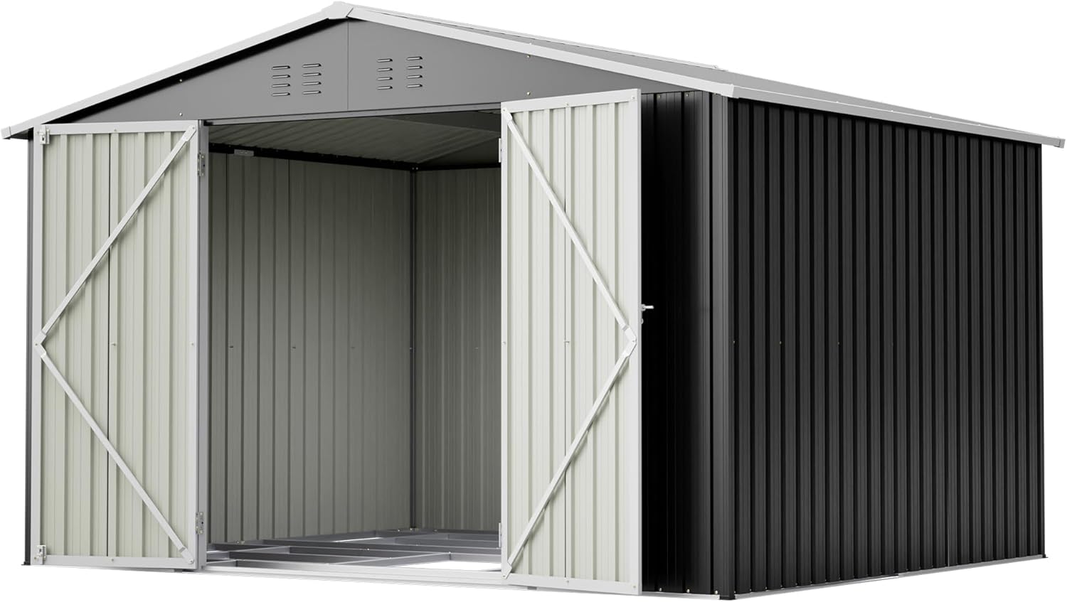 Gartenhaus Metall Geräteschuppen 300x252x191 cm mit Klapptür, Gerätehaus Gartenschuppen mit Satteldach und Stauraum, Gartenhütte Fahrradschuppen für Gartengeräte, Schwarz