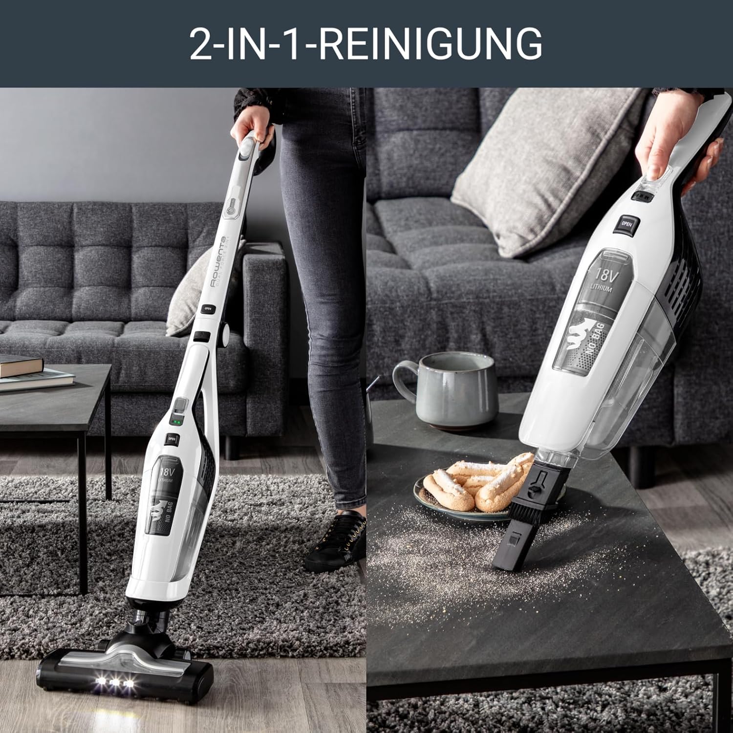 Rowenta RH6737 Dual Force 2-in-1 kabelloser Akku-Stabstaubsauger, integrierter Handstaubsauger, klappbarer Griff, sehr leicht – nur 2,5 kg, LED-Beleuchtung, Weiß