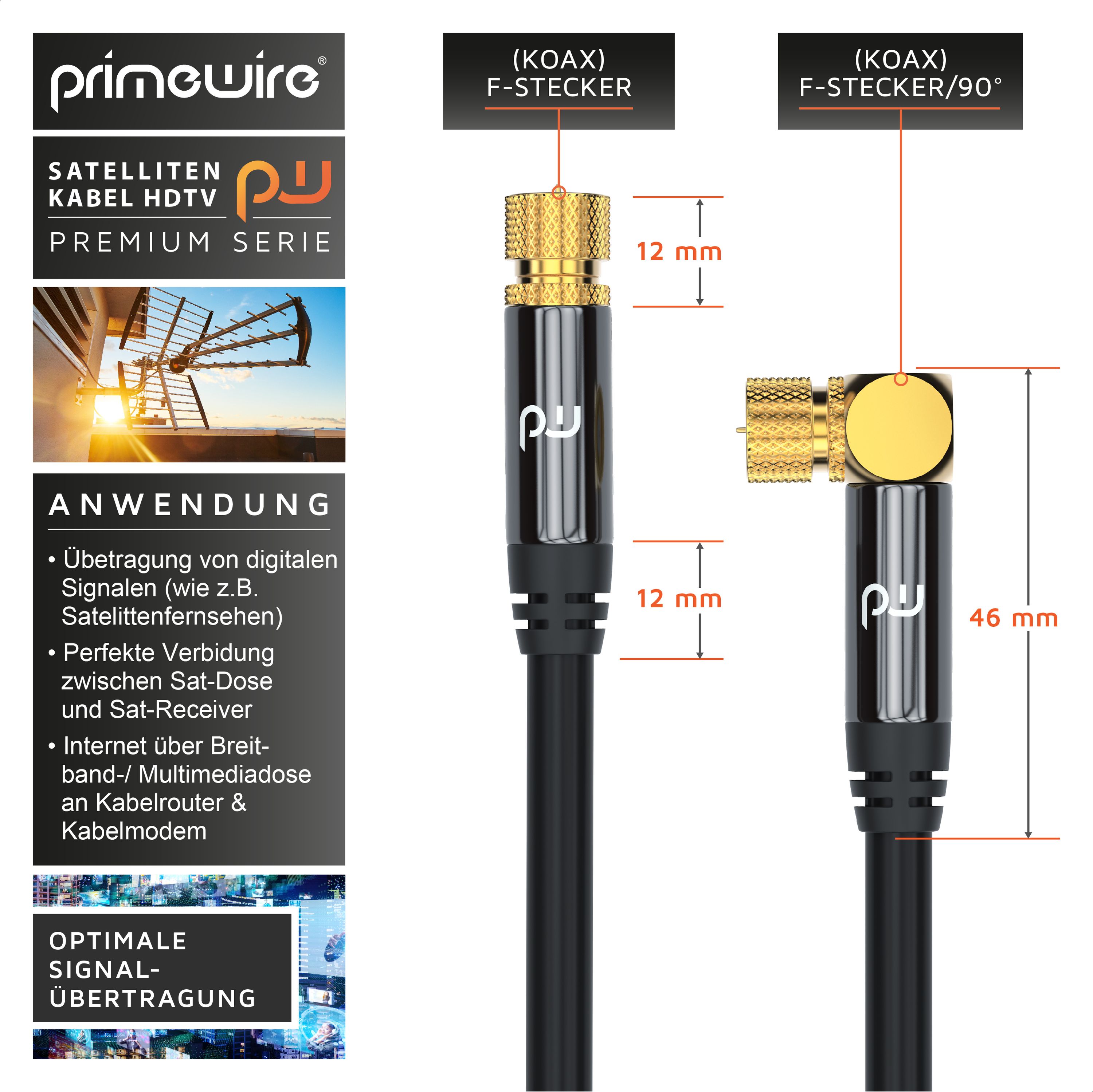 Primewire SAT-Kabel, Koax, F-Stecker, HDTV SAT Koax Kabel 90° gewinkelt, 4fach Schirmung, 135dB, 75Ohm - 7,5m