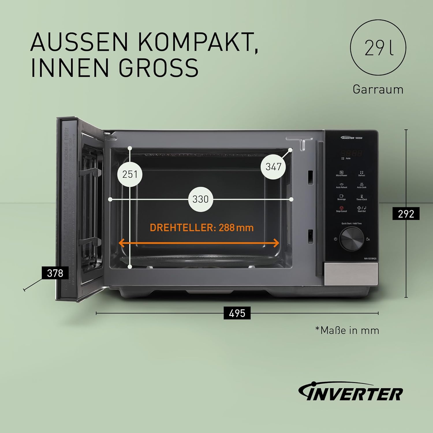 Panasonic NN-SD38QSEPG 29L Solo-Mikrowelle, 1000 W, automatisches Auftauen, 11 automatische Programme, Timer, Schwarz & Edelstahl