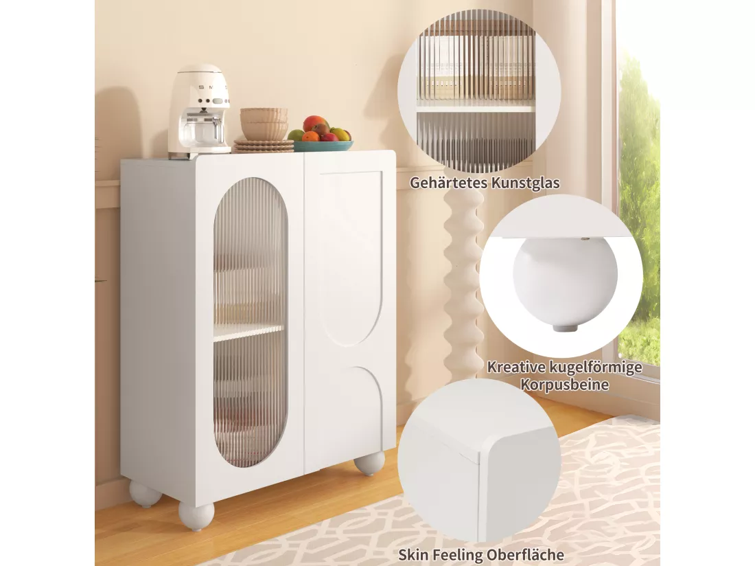 Buffet de cuisine avec 2 portes en verre - 80 x 32.5 x 99 cm - Bois MDF - Etagères réglables - Blanc