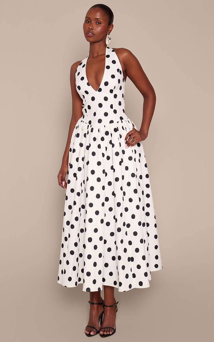 Monochrome Robe Midaxi À Pois Froncée Avec Col Licou Et Détail Noué