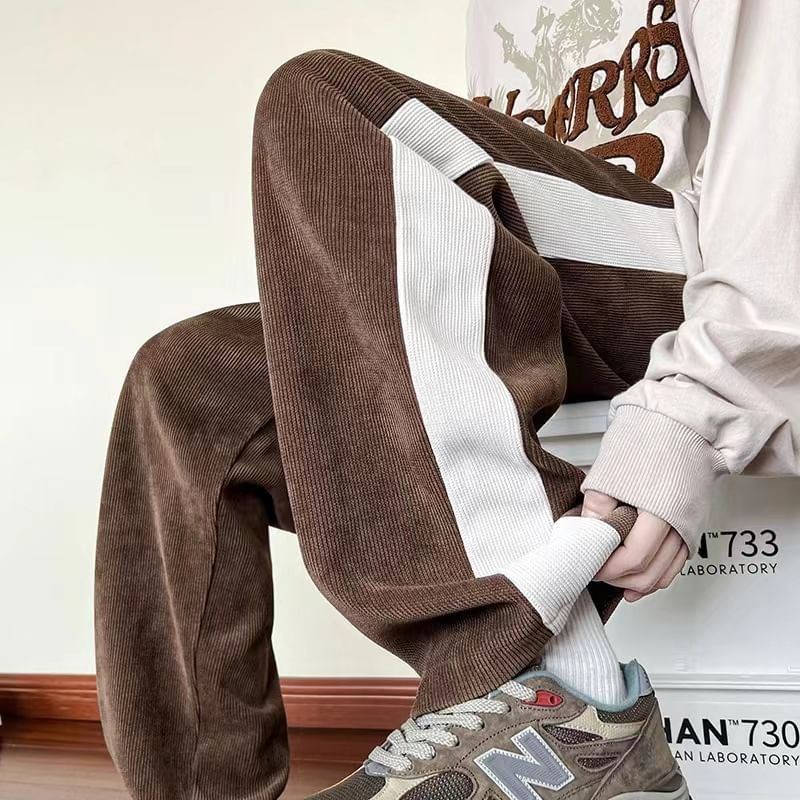Dream Drop - Tweekleurige corduroy broek met trekkoord in de taille en rechte pijpen