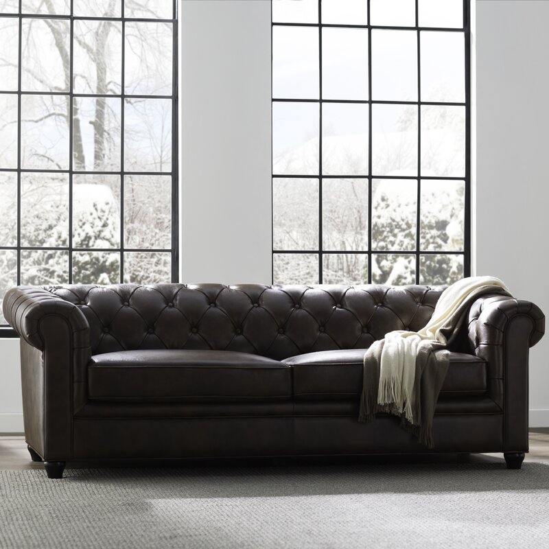 Owen 84&rdquo; Genuine Leather Rolled Arm Chesterfield Sofa