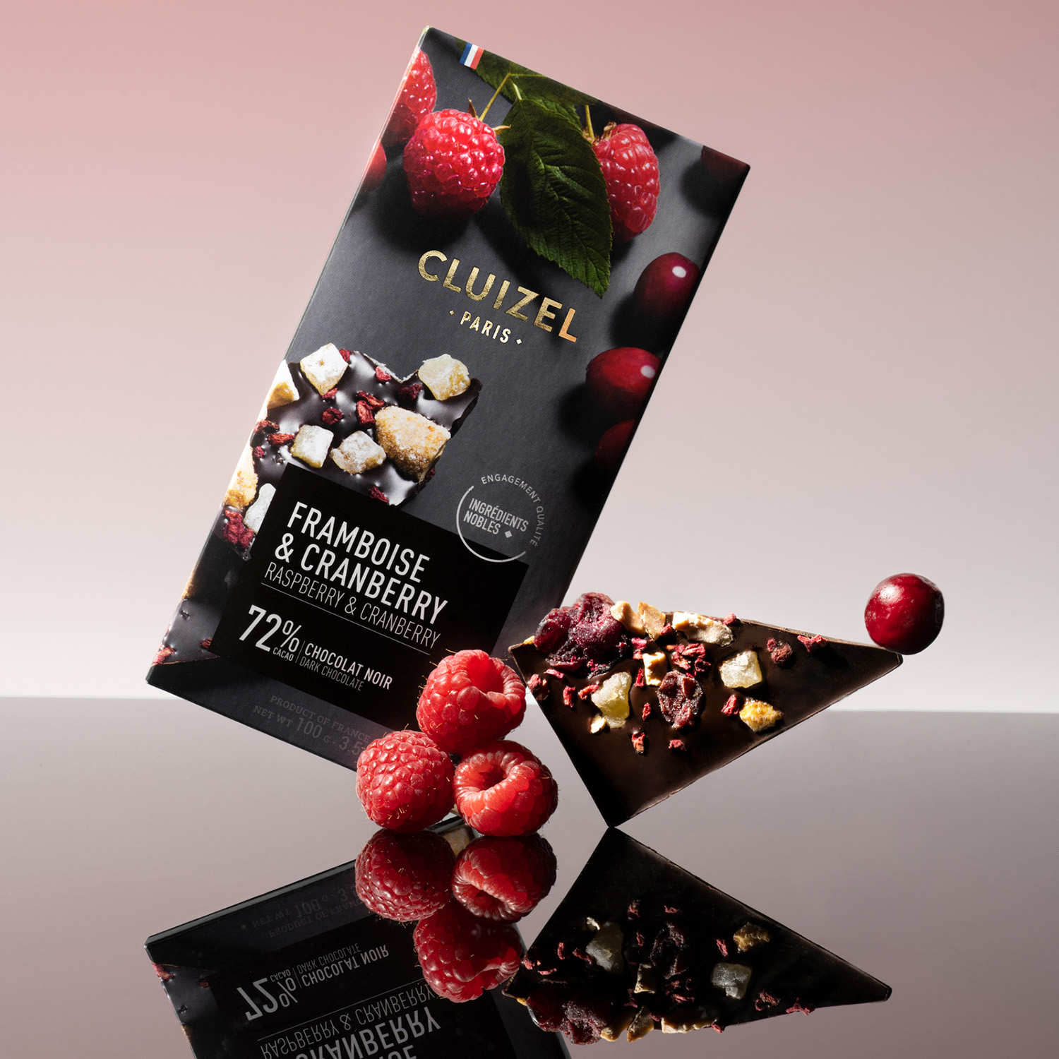 Tablette chocolat noir 72% framboise et cranberry