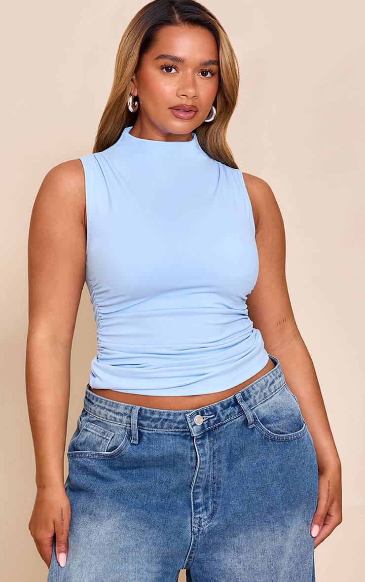 Bleu Ciel Top Sculptant Shape À Soutien-Gorge Intégré Col Bateau Et Côtés Froncés