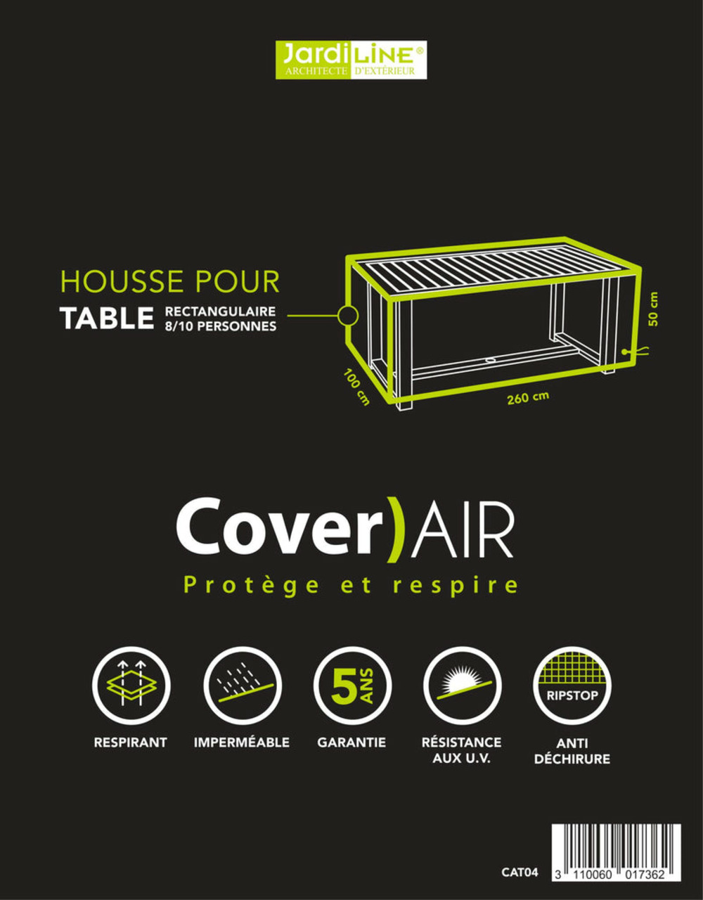 Housse de protection table de jardin 8-10 pers cover air jardiline 260x100x50 cm