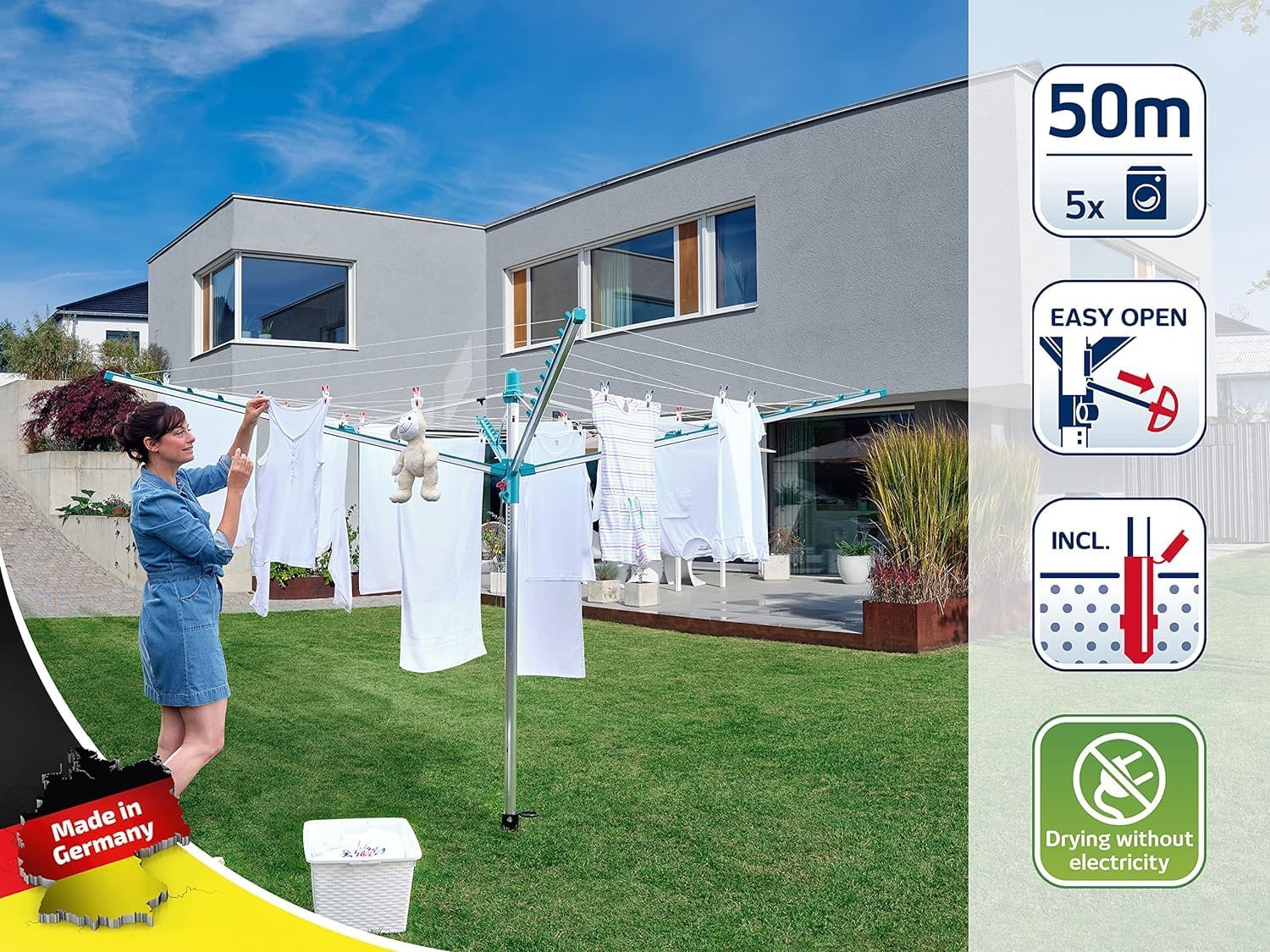 Leifheit Wäschespinne Linomatic 500 Easy, Leineneinzug für saubere Wäsche, Wäscheschirm mit Easy-Lift-System, inkl. Bodenhülse, Wäscheständer mit 50m Leinenlänge für 5 Wäscheladungen
