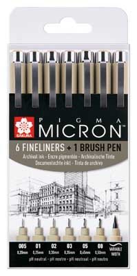 Sakura Pigma Black Micron Fineliner Set of 6 sizes and 1 Pigma Brush