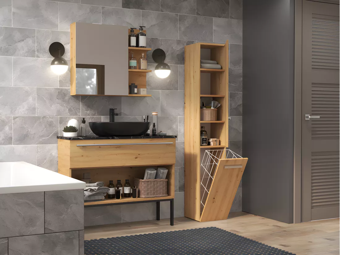 YANA - Meuble salle de bain avec panier à linge - 31x30x174 cm - Colonne rangement SDB