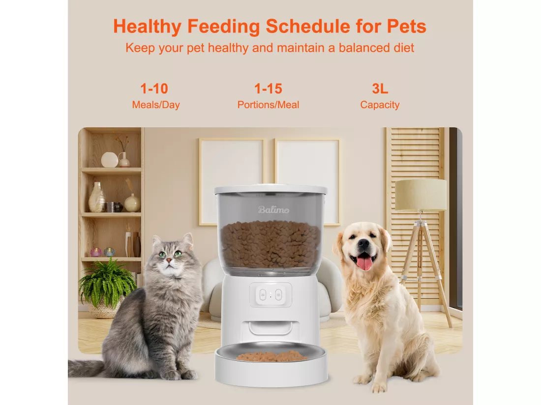 Balimo 3L Distributeur Croquettes Chat Automatique 2.4G WiFi, 1-10 Repas par Jour, Blanc