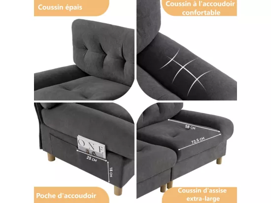 Canapé 2/3 places en Velours Teddy gris - Design ergonomique - avec poches de stockage, grande coussin - 201x85x90cm