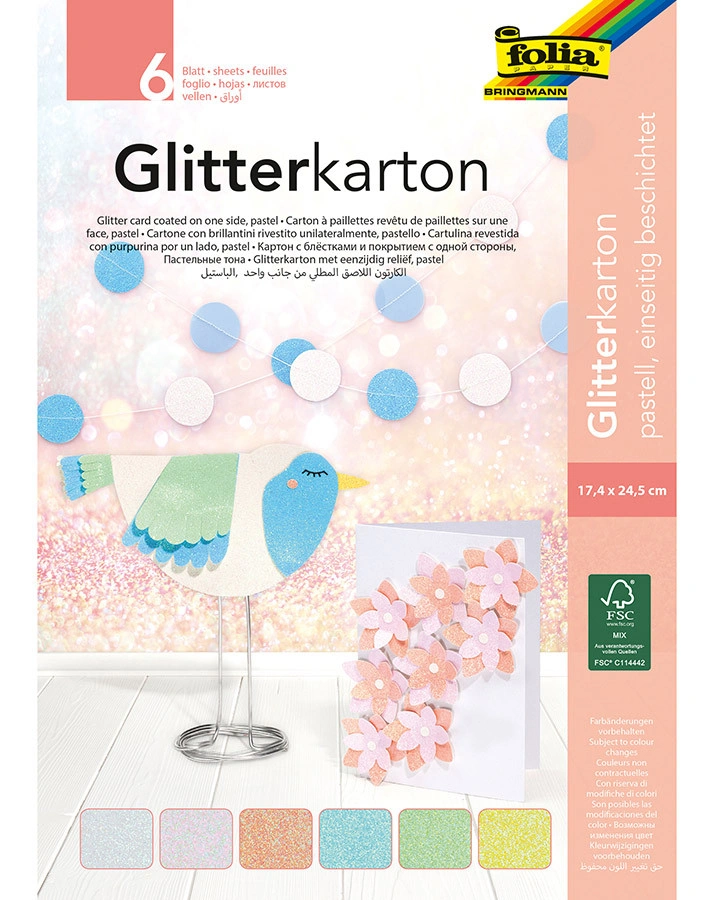 Glitterkarton-Block PASTELL 6-teilig in bunt