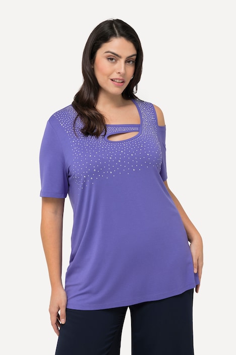 T-Shirt, Ziersteine, A-Linie, Cut-Outs, Halbarm
