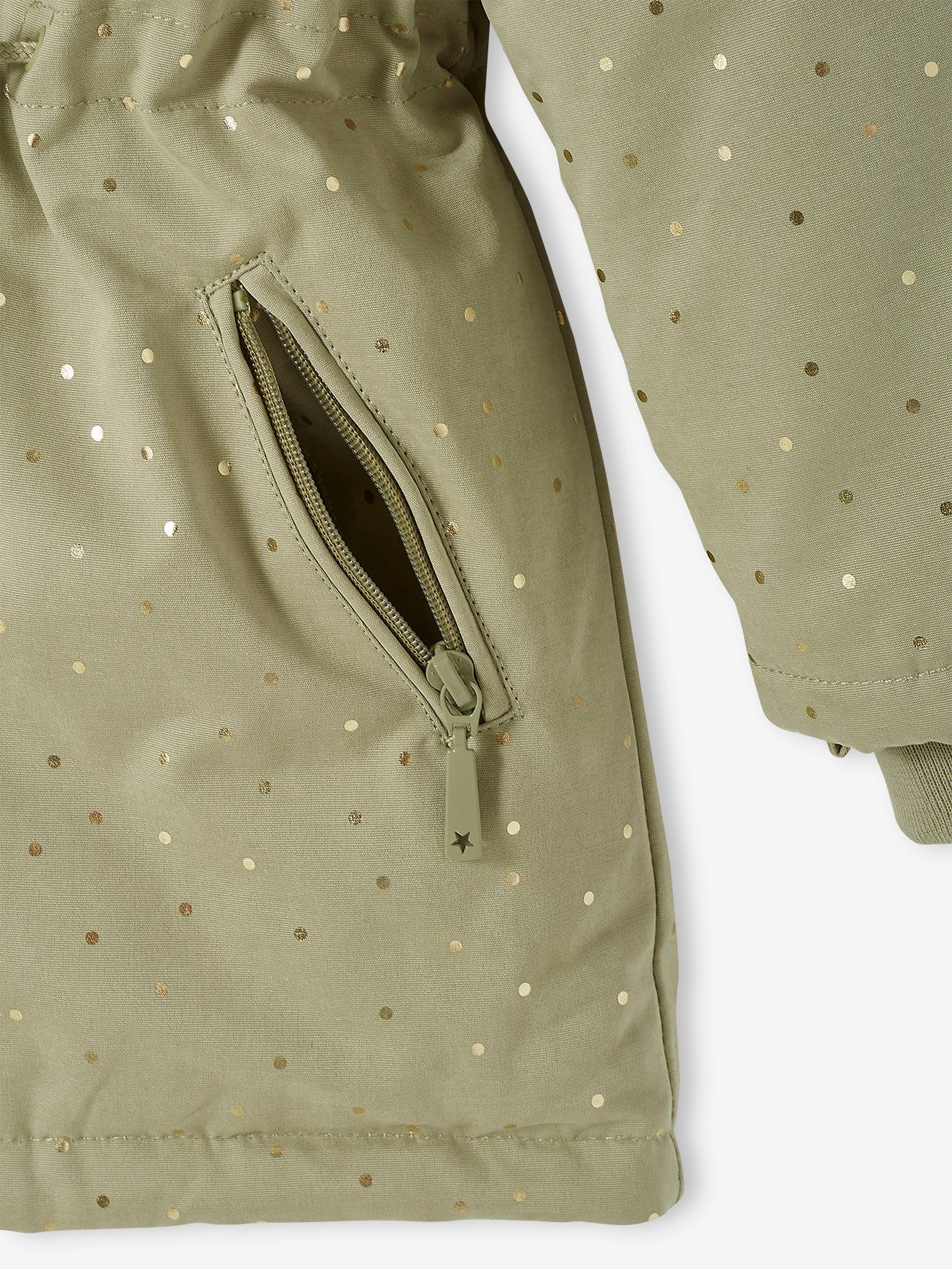 Parka infantil tamanho médio com capuz, estampa iridescente de bolinhas verdes e enchimento de poliéster reciclado.