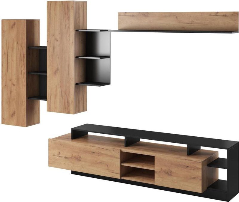 Vente-unique - TV-wand - Natuurlijk - Antraciet - Spaanplaat - 4 Deuren
