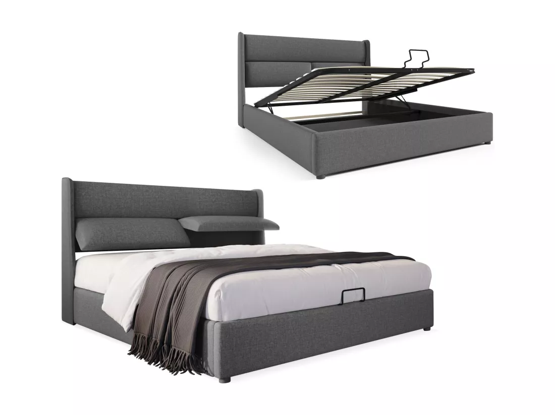 Lit coffre 140x200cm avec tête de lit réglable en tissu de lin - Gris