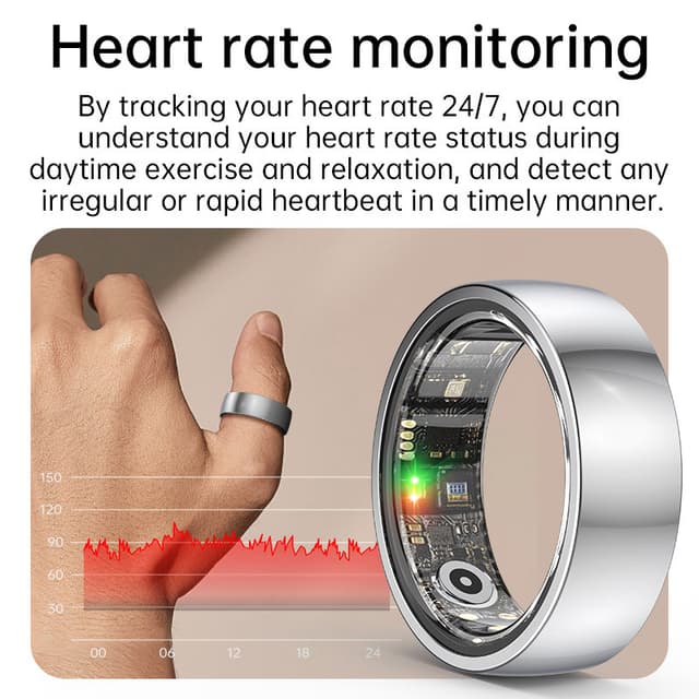Smart Ring R1000 – Søvnmonitor, Bluetooth 5.0, Blood Oxygen Monitor Sølv 7