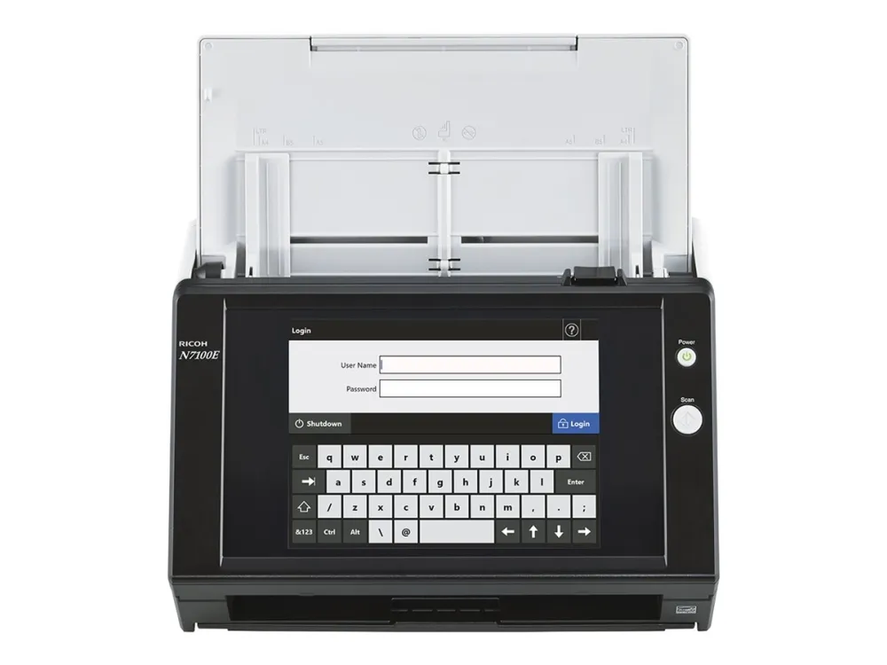 Ricoh Image Scanner N7100E - Dokumentscanner - Dual CIS - Duplex - 216 x 355.6 mm - 600 dpi x 600 dpi - op til 25 ppm (mono) / op til 25 ppm (farve) - ADF (50 ark) - op til 4000 scanninger pr. dag - Gigabit LAN