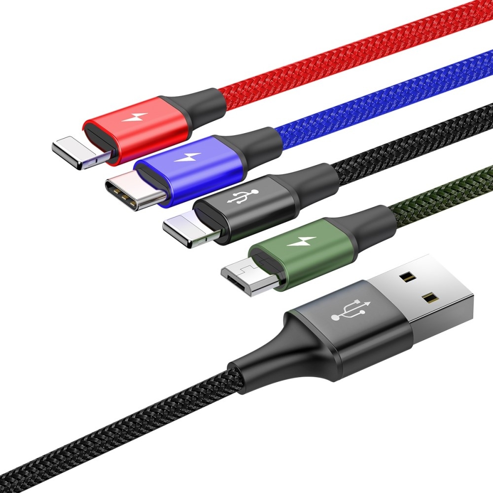 (1.2m) 3.5A 4in1 USB A auf 2x Lightning / USB C / Micro USB Ladekabel Nylon Geflecht