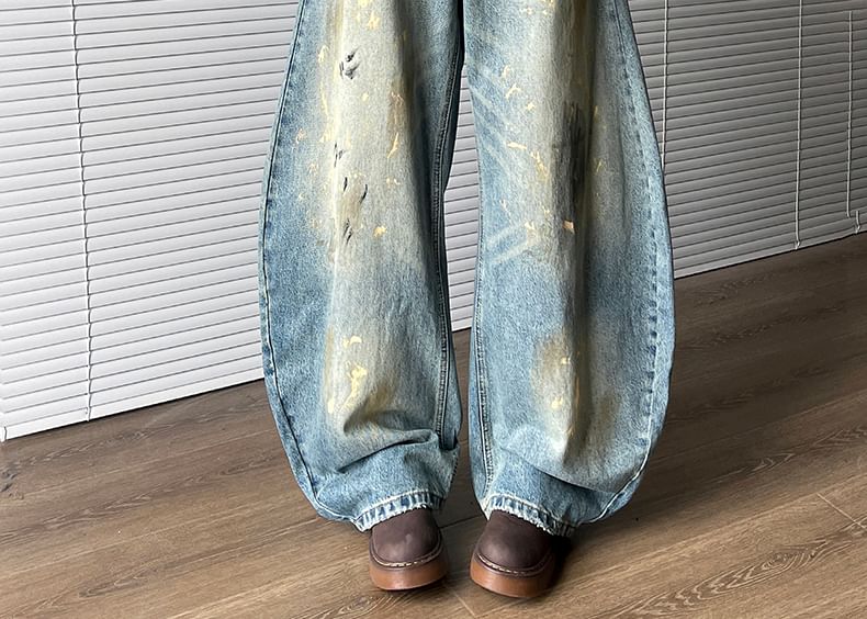 AXEN - Mid Rise Print Washed Wide Leg Jeans