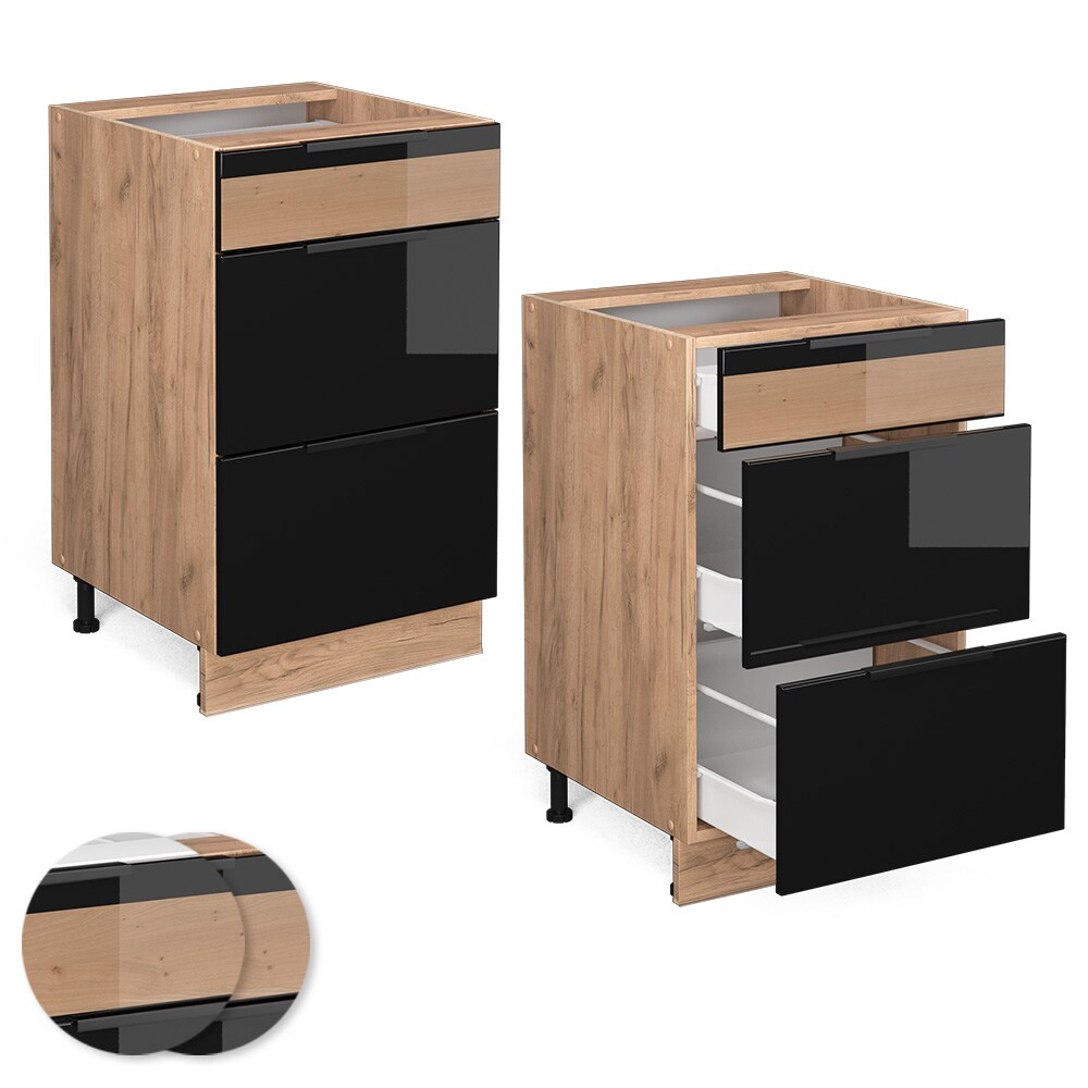 Vicco Schubunterschrank Küchenschrank Küchenmöbel Fame-Line Eiche Schwarz 50 cm modern Hochglanz
