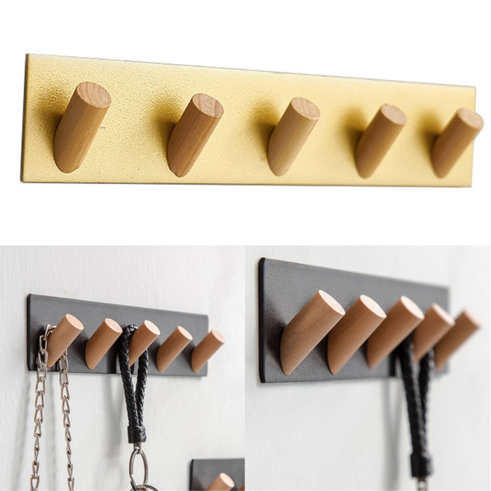 (25x5cm) Eisen Garderoben Leiste 5-facher Holz Wandhaken Handtuch / Schlüssel / Kleider Halter - Schwarz