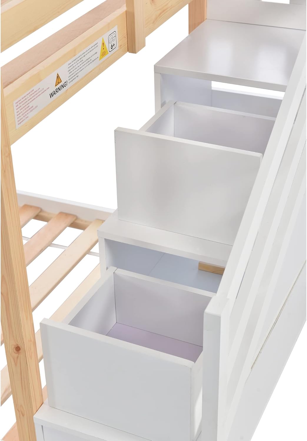 Kinderbett Baumhaus 90×200 cm EN747-1 (Natur/Weiß, Fensterdesign & Stauraum)，Sicheres Etagenbett mit Rausfallschutz & 2x Lattenrost – Platzsparendes Spielbett für kreatives Schlafzimmer，Ohne Matratze VM7696769