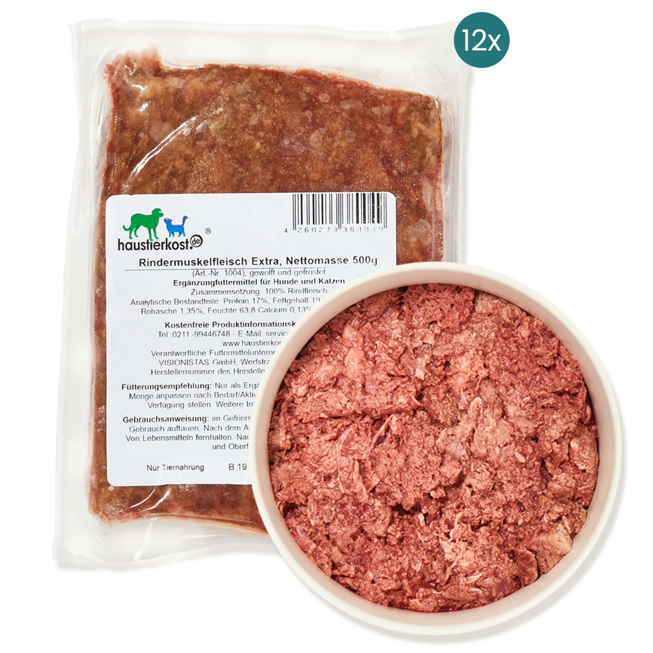 haustierkost.de Rindermuskelfleisch Extra Frostfutter 12 x 500 g