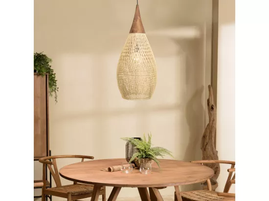 ALIDA - Suspension 'goutte' 35x35cm rotin couleur naturelle et teck